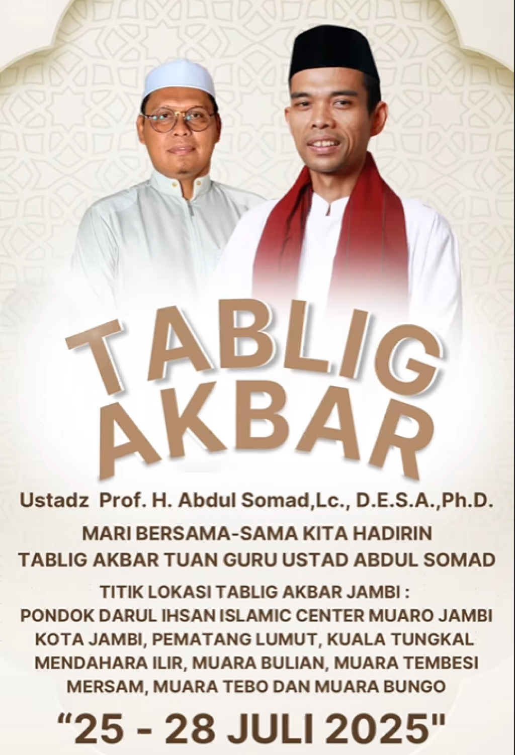 Ustadz Abdul Somad Gelar Tabligh Akbar di 13 Lokasi Se-Jambi, 25–28 Juli 2025