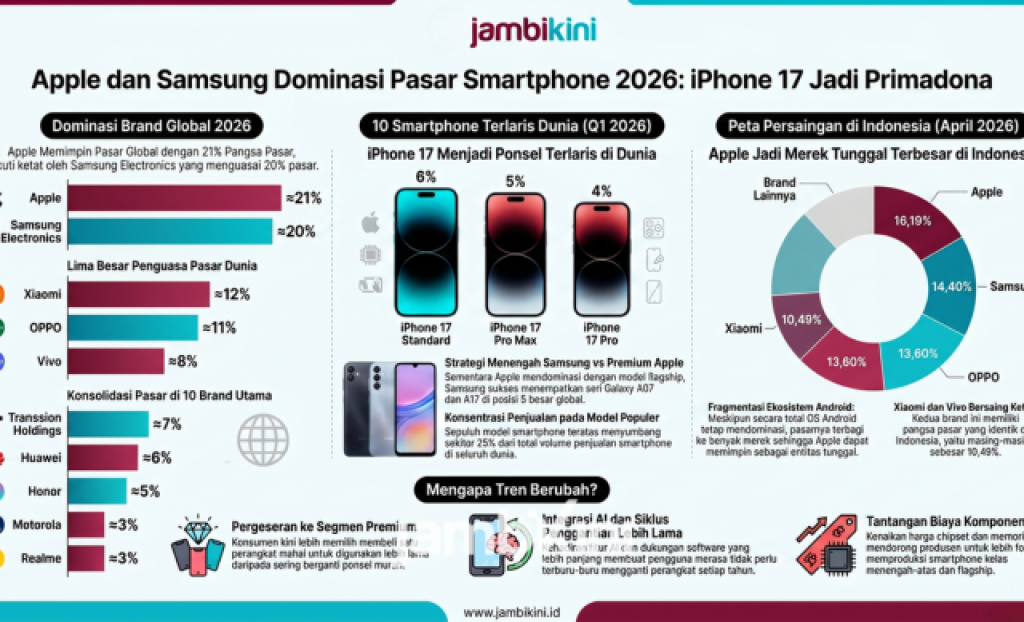 Apple dan Samsung Dominasi Pasar Smartphone 2026, iPhone 17 Jadi Ponsel Terlaris Dunia